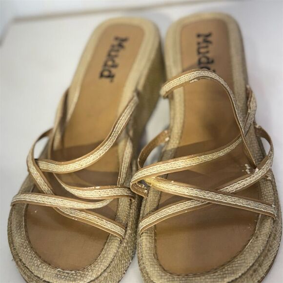 Y2K Mudd Woven Platform Sandals Strappy Natural Tan 2000s Chunky Heels 9 VTG - Picture 2 of 6
